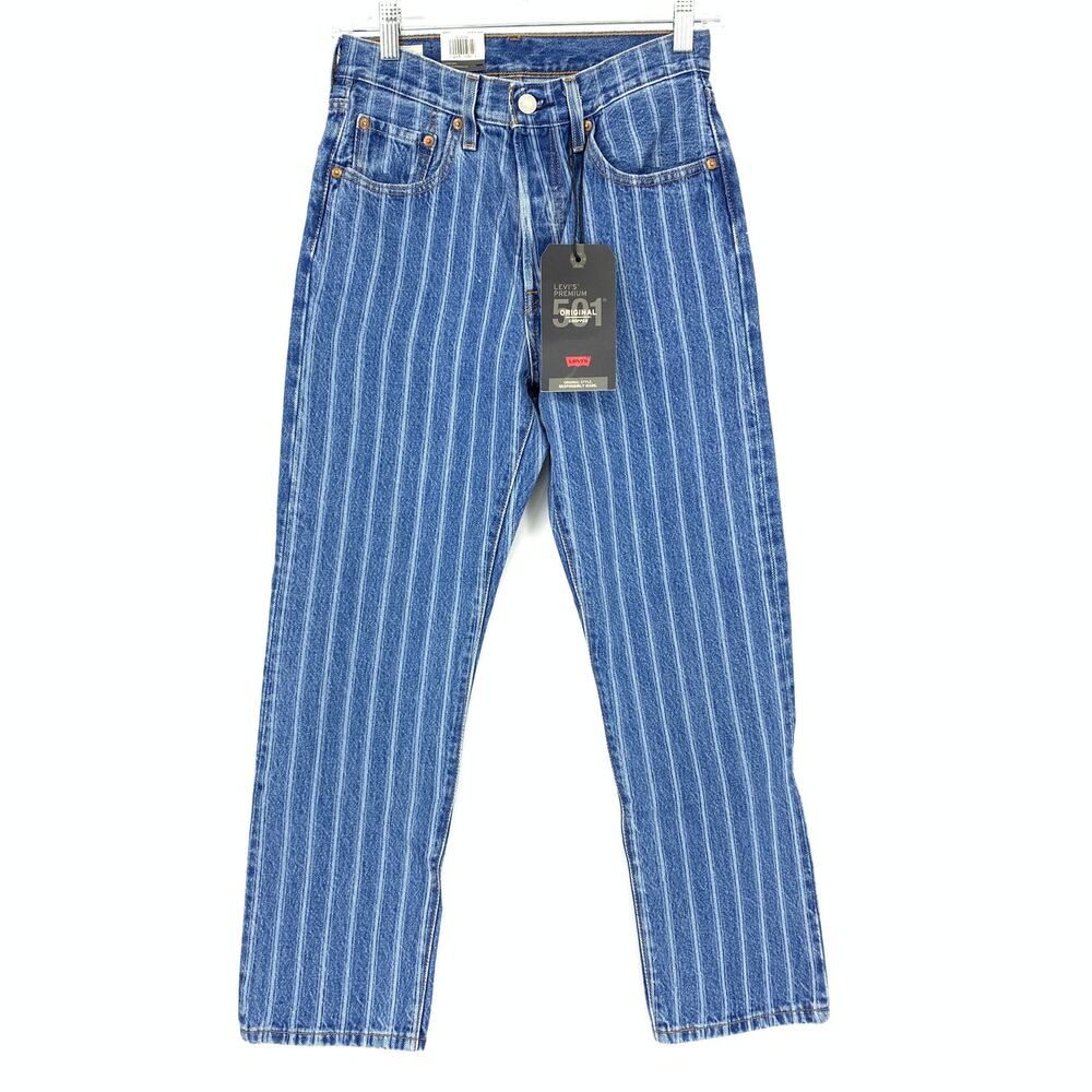 Levi's Jeans 501 Womens 24 Cropped Straight Leg Blue Striped Button Fly NWT